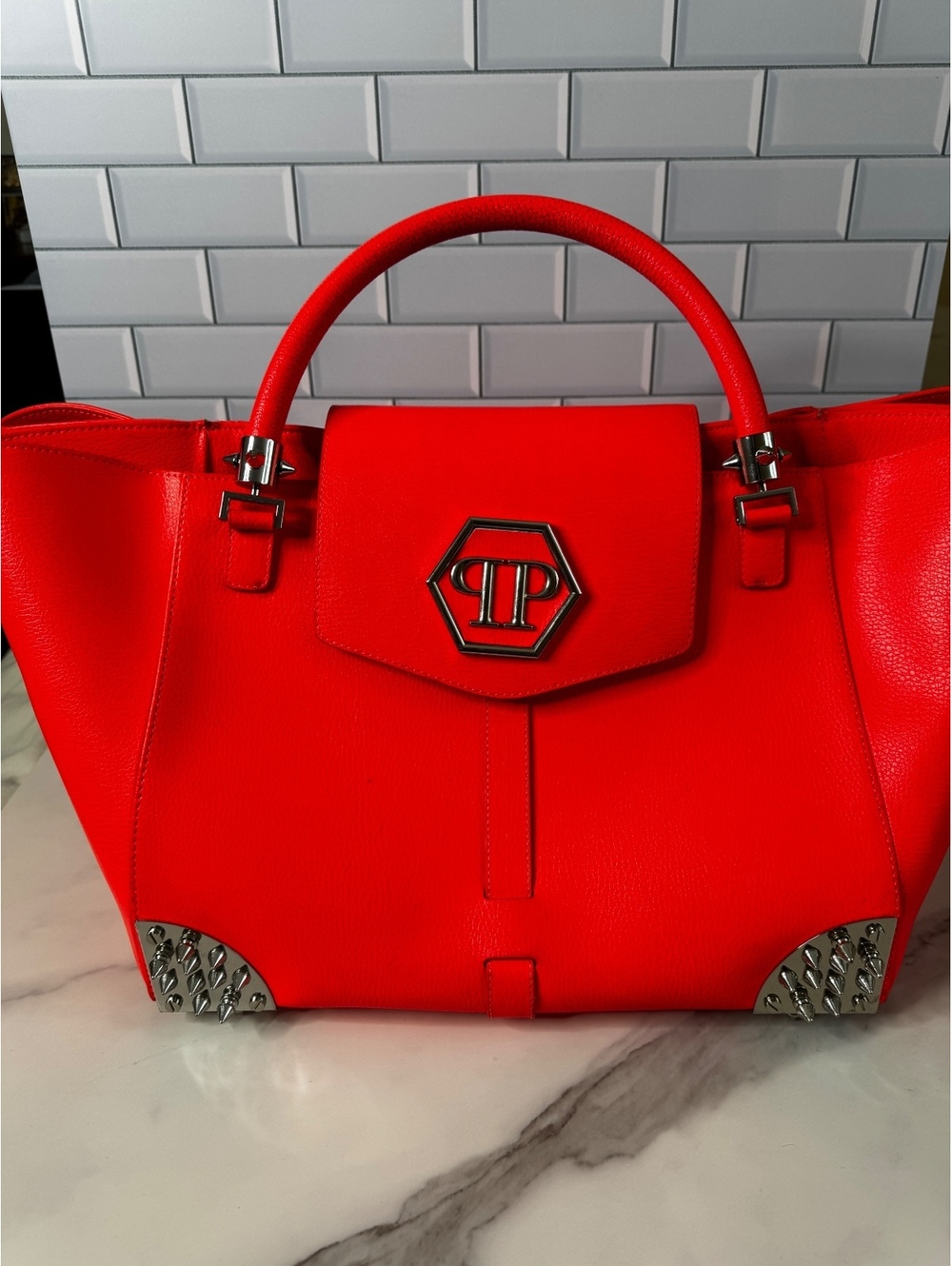 Philipp Plein Neon Orange Coral Leather Tote Handbag Large Silver Stud Hardware